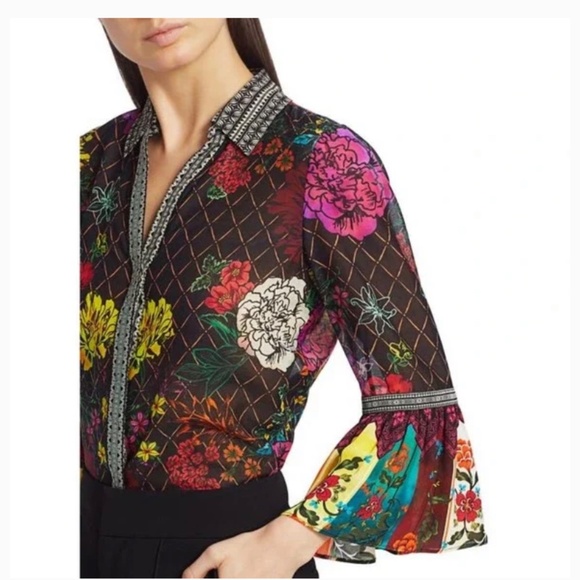 ALICE + OLIVIA Rivera Floral Print Silk-Blend Bell-Sleeve Blouse Size XS - Picture 3 of 3
